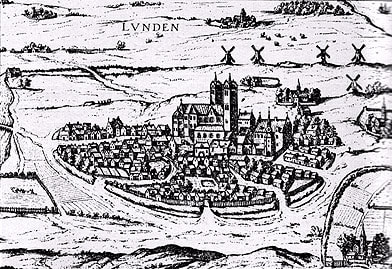 Picture af tegning af Lund i 1500-tallet